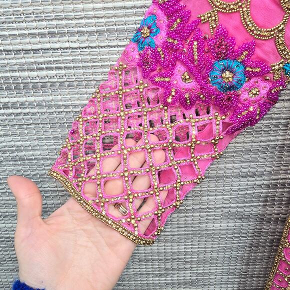 Indian Bridal Kaftan Pink Gold Beaded Rhinestone Mermaid Fairy Boho Maximalist - Picture 4 of 10